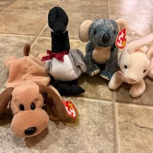 Ty Beanie Babies Lot of 4 Nibbler Rabbit Eucalyptus Koala Loosy Goose Bones Dog
